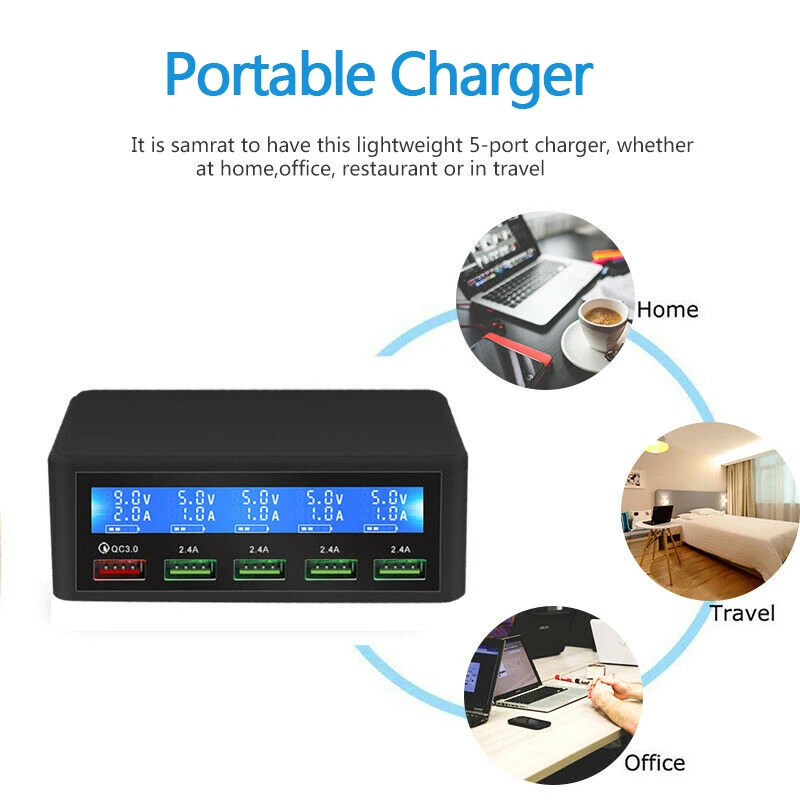 Quick Charge QC 3.0 Smart 5 Ports USB Charger Power Adapter Station LCD Display