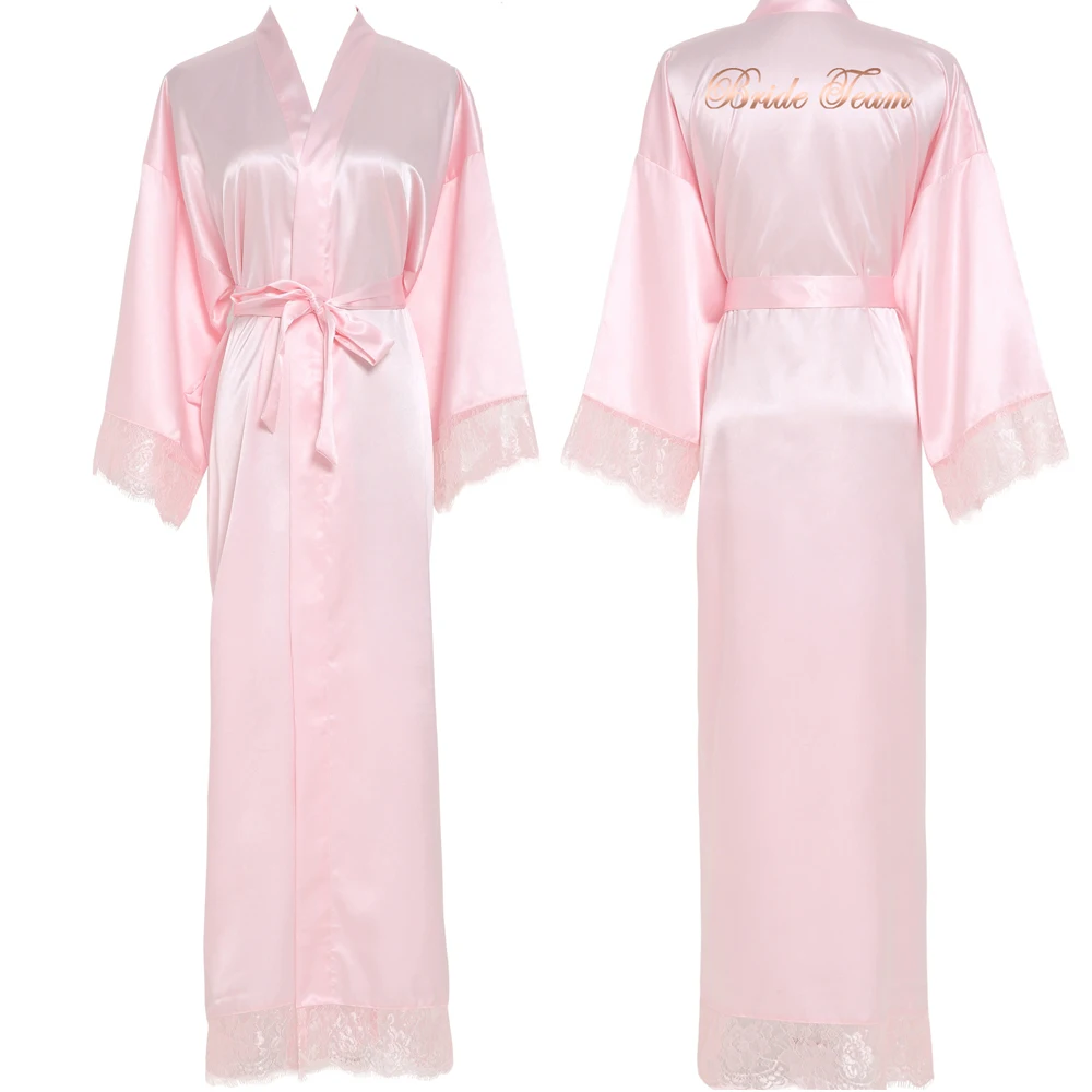 Pink Bride Team Розовое сексуальное длинное простое кимоно для невесты, шелковый халат, атласное вечернее платье, свадебное платье, халат, кружевной халат, дамские халаты, горячее предложение - Цвет: Pink Bride Team
