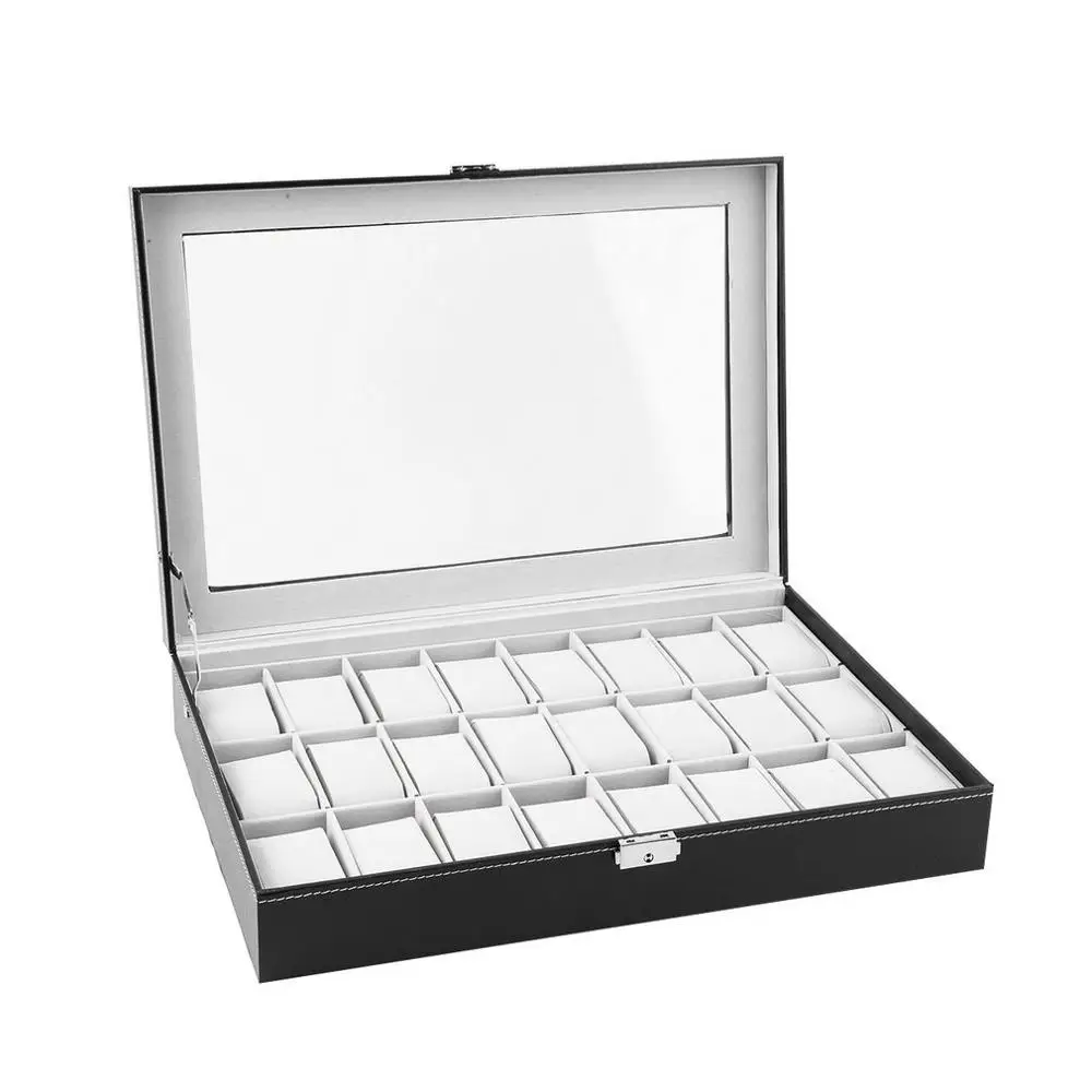 

24 Insert Grid Slots & 24 Removable Pads PU Leather Watch Box Display Case Organizer Jewelry Storage Organizer