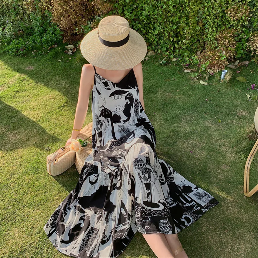 

Summer Spaghetti Strap Dress Backless Sexy Sundress Women V-Neckl Print Vintage Holiday Beach Dress Maxi Robe Femme