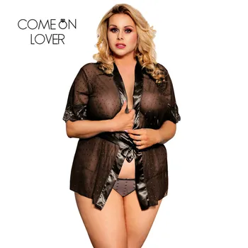 

Comeonlover Lace Sleepwear Robe Silk Belt Exotic Night Gown Chemise Patchwork Hot See-through Mesh Sexy Female Plus Size RE80777