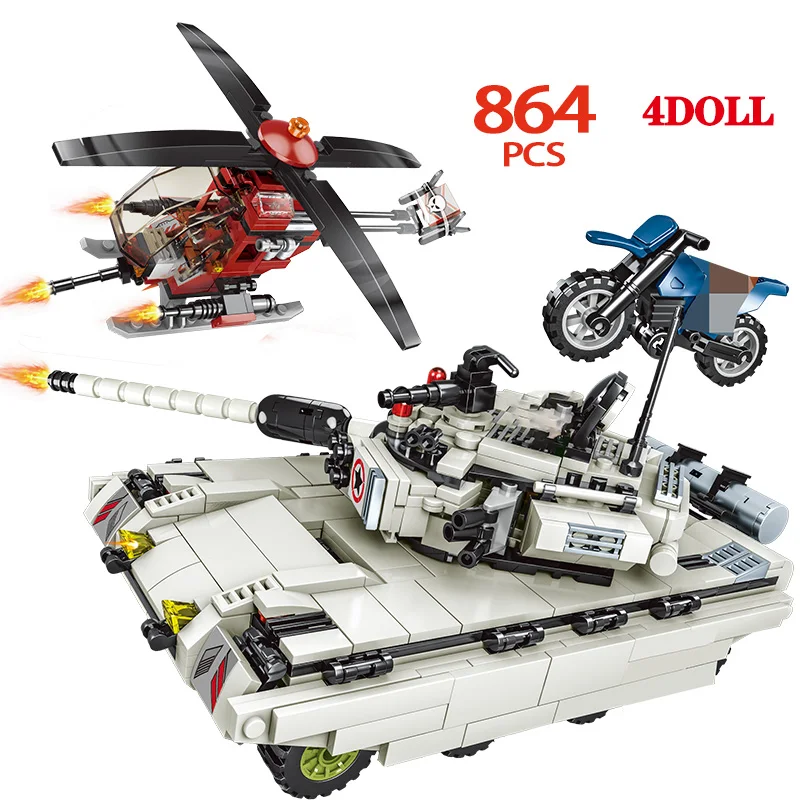 

864PCS WW2 Intercontinental Tank Building Blocks Legoingly Tank Helicopter Soldier Figures Weapon Army Police Bricks Toys Boys