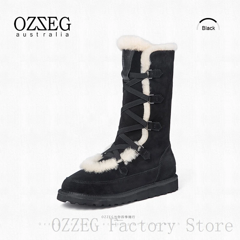OZZEG; Роскошные брендовые дизайнерские зимние сапоги; австралийские женские сапоги из натуральной кожи; меховые сапоги до середины икры; зимняя обувь; женская обувь - Цвет: Черный