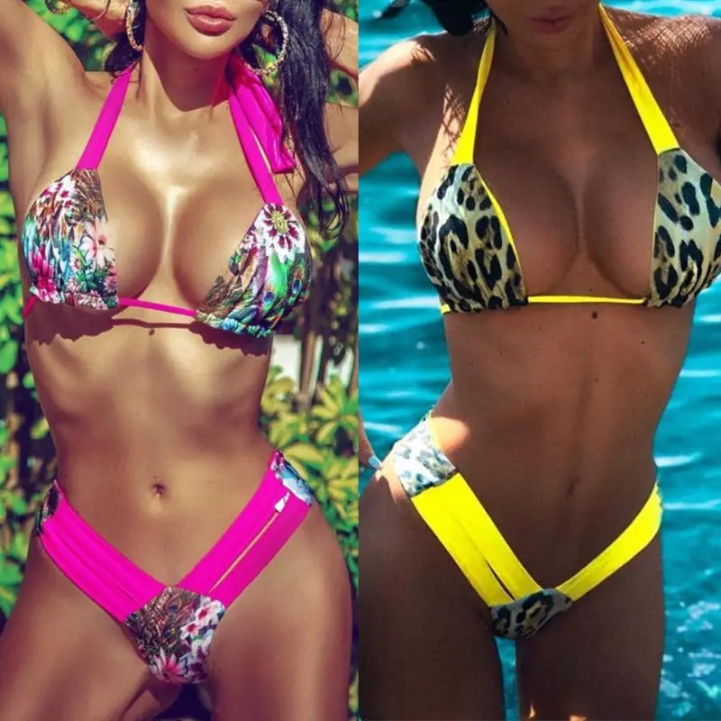 

Women Sexy Two Piece Bikini Set Bright Color Block Leopard Floral Patchwork Swimsuit Halter V-Neck Low Waist Double Waistband Bo
