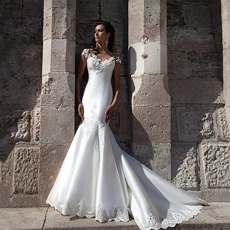 

LORIE White Lace Mermaid Wedding Dresses Vintage Appliques Satin Bridal Gowns Robe de soiree Custom Made