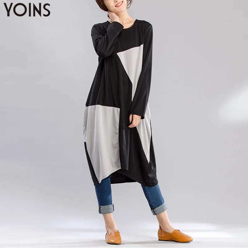 Винтажное платье Кафтан YOINS с круглым вырезом и длинным рукавом свободное