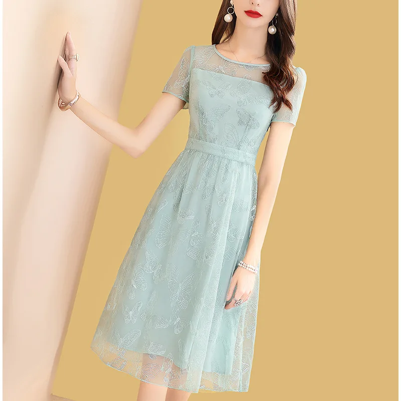 

Green Mesh Embroided Dress Women's Summer Mid-length 2019 New Style Short Sleeve Slimming WOMEN'S Dress
