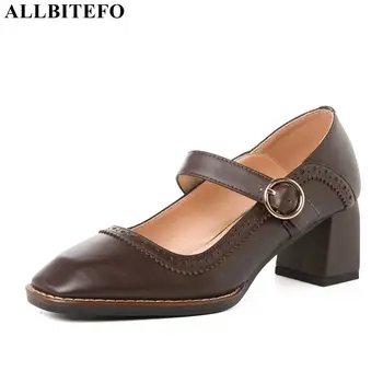 

ALLBITEFO fashion retro thick heel party women shoes full genuine leather brand high heels office ladies shoes women heels