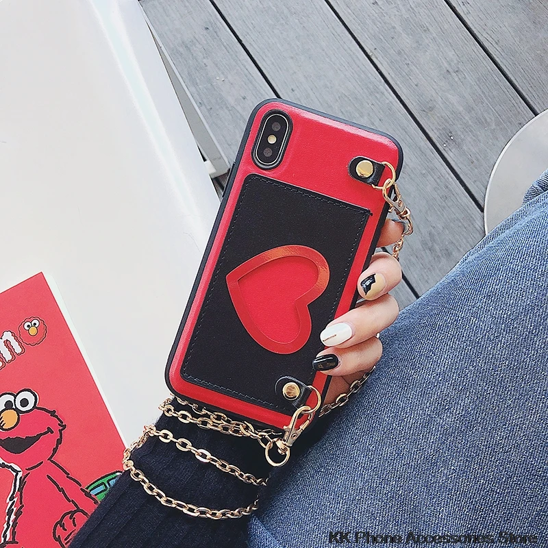 Чехол-Кошелек с сердечками для iPhone X, XR, XS, Max, длинный кожаный чехол с цепочкой для iPhone 6, 6s, 7, 8 Plus, чехлы для телефонов