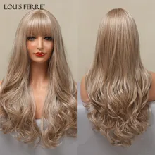 LOUIS FERRER blond damskie włosy peruki z grzywką maszyna wykonane żaroodporne peruki syntetyczne Naturakl patrząc długie fale sztuczne włosy tanie tanio Włókno odporne na wysoką temperaturę long CN (pochodzenie) Drag Queen FALISTE 130 średni rozmiar Blodne Wigs for White Women