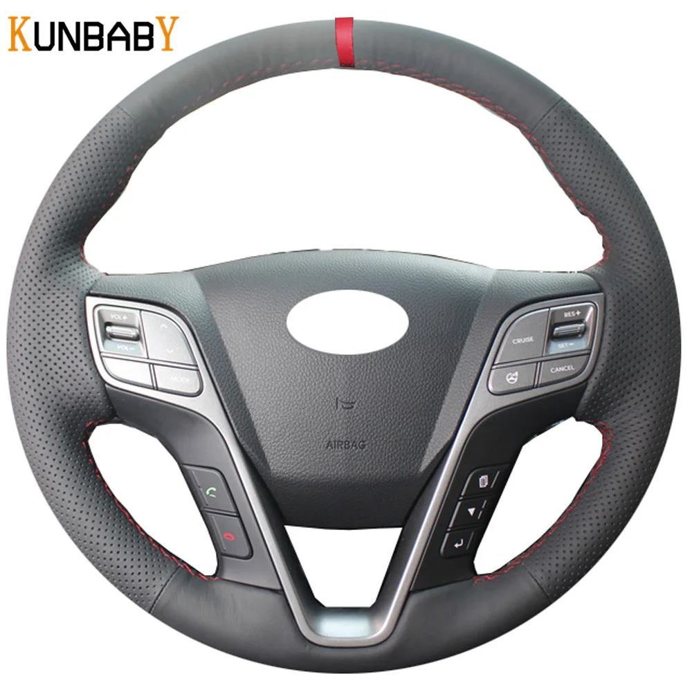 KUNBABY Black Genuine Leather Car Steering Wheel Cover Red Marker on