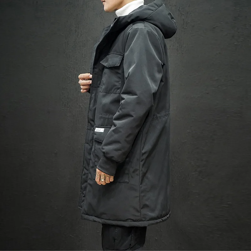 Теплые мужские парки, куртки, Зимние новые модные длинные пальто с капюшоном, плотное пальто с несколькими карманами, ветрозащитная куртка, Мужская одежда черного цвета 5XL
