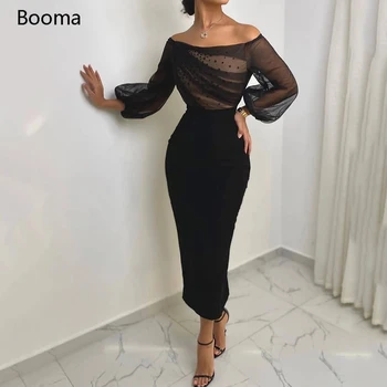 

Black Off the Shoulder Prom Dresses Long Sleeves Ruched Beading Top Evening Dresses Tea-Length Sheath Wedding Party Dresses