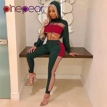 

PinePear Tracksuit 2PCS Women Sets Mesh Patchwork Hoodie Sweatshirt Crop Top + Pants 2 Piece Set Winter Female Clothing Suits