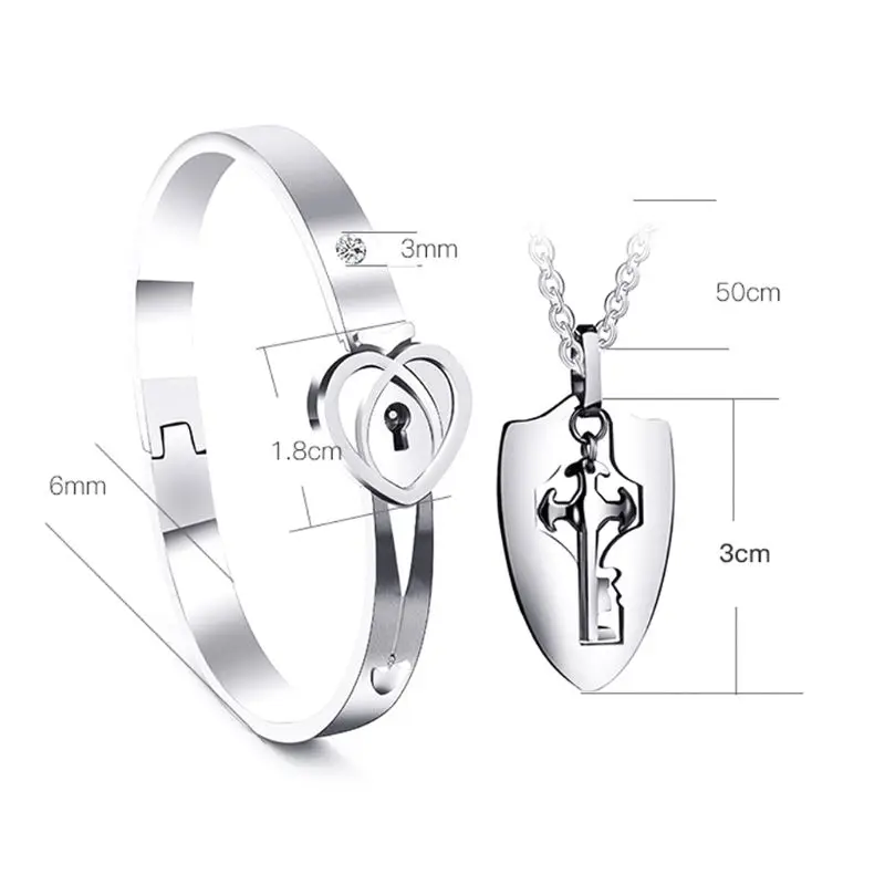 Engraved Lock and Key Bracelet Pendant Necklace Set for Couples