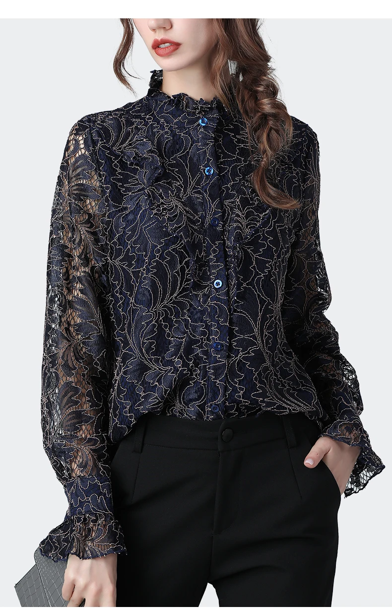 Цветочная кружевная рубашка Женская Осенняя верхняя винтажная открытая гофрированная блуза с длинным рукавом и воротником-стойкой плюс размер элегантные повседневные блузки