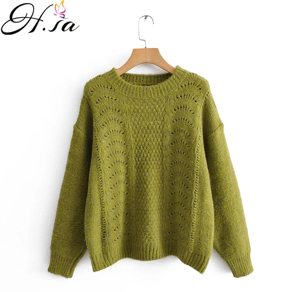 

H.SA 2019 Fall Fashion Pull Sweaters Oneck Twisted Loose Knit Tops Chic Pull Femme Hollow Out Female Sweaters Solid Knitwear