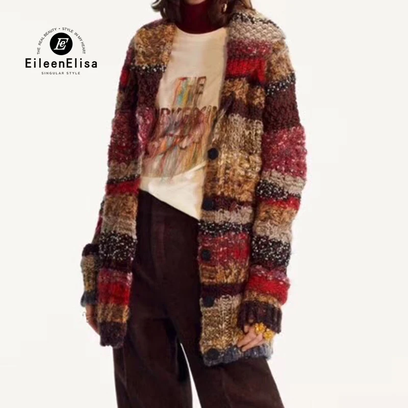 Женский свитер кардиган толстый Цветной полосатый свитер женский кардиган зимняя одежда