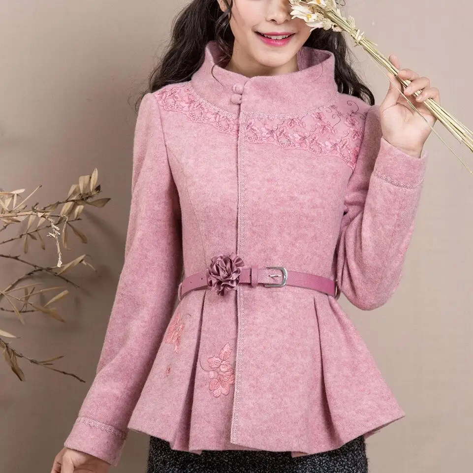 pink autumn winter vintage sweet embroidered woolen coat women stand collar slim belted wool blends jacket plus size 3XL - Цвет: pink