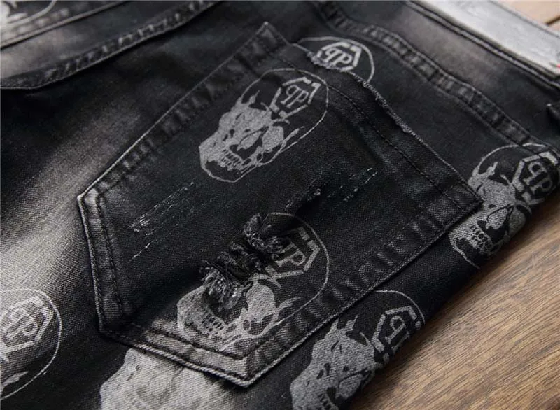 Skull Printed Jeans Pants Mens Hip Hop Streetwear Denim Trousers Washed Stretch Pants Male  (6)