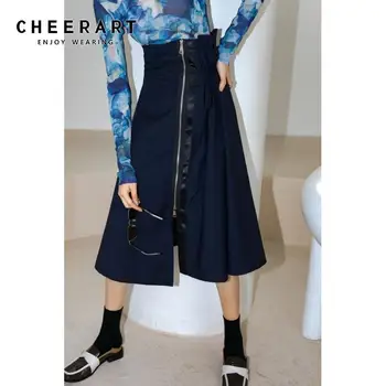 

CHEERART Summer Skirts Womens Super High Waist A Line Navy Blue Zipper Long Midi Fashion Flare Skirt 2020 Swing New Arrival