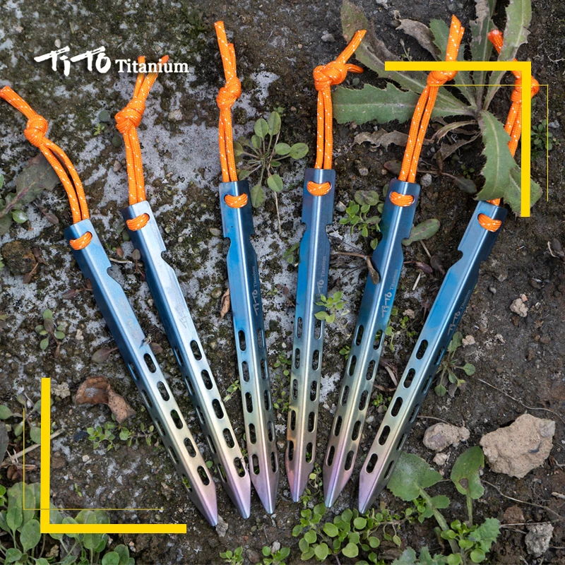 Titanium Tent Stake 6pcs Colorful V Shaped Windproof For Outdoor Camping Soft Ground