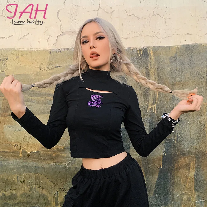 Ажурная черная рубашка Iamhotty с принтом дракона водолазка осень 2019 базовая