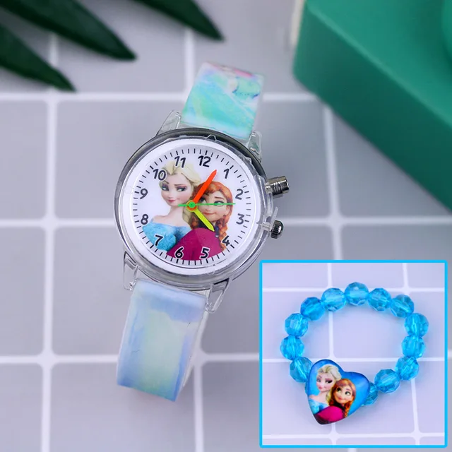Fashion Cartoon Flash Light Girls Watches Kids with Bracelet Silicone Strap Princess Elsa Children Watches Clock reloj infantil SkyBlue withBracelet