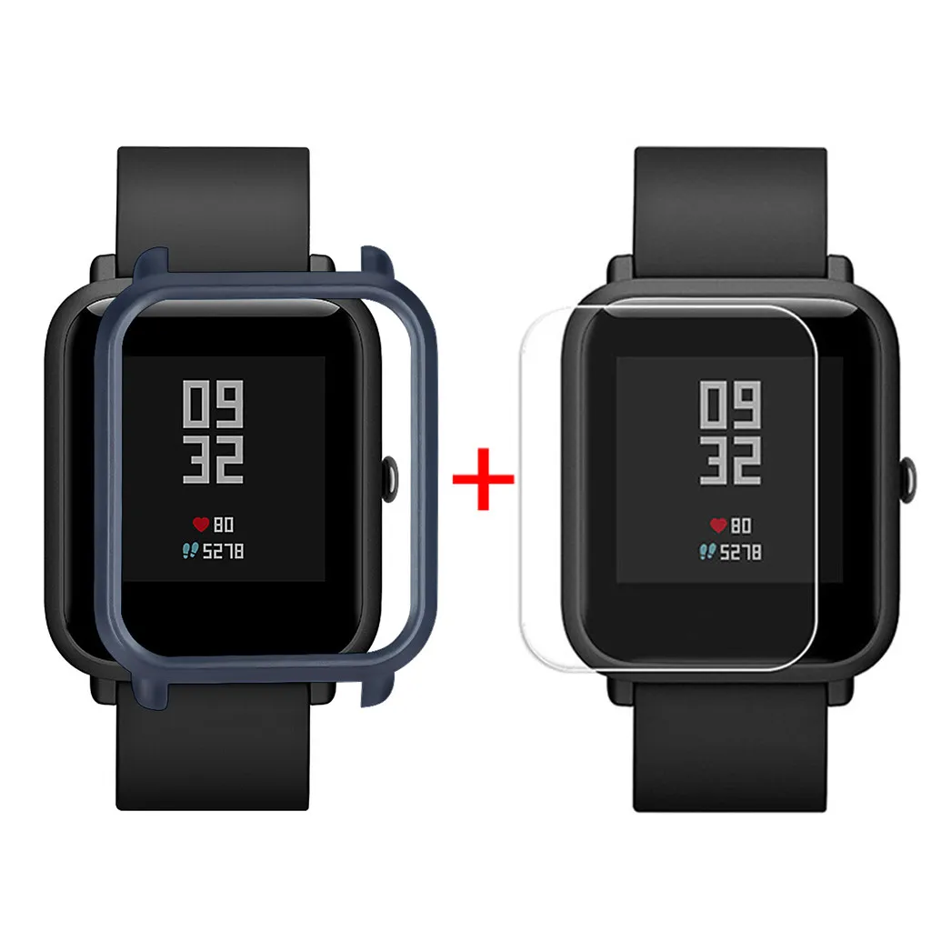 Dark Blue Защитный чехол-накладка+ Защитная пленка для экрана для Xiaomi/Huami Amazfit Bip Youth Watch тонкий цветной Чехол-рамка#25 - Цвет: Dark Blue