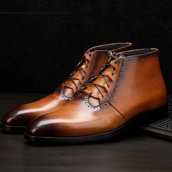 

Fashion Genuine Leather Mens Ankle Boots Zipper Lace Up High Top Dress Shoes Black Brown Casual Business Martins Boots