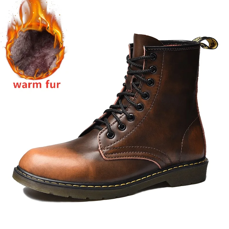 Brown with fur Doc/Мужская обувь; мужские зимние ботинки; мартинсы; мужская кожаная обувь; ботильоны в ковбойском стиле из водонепроницаемого материала; повседневная обувь в байкерском стиле; Coturno botas hombre - Цвет: Brown with fur