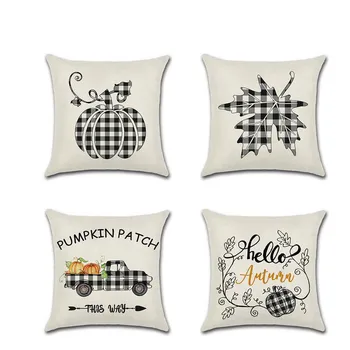 

18 inch Linen Pillow Case Checkered Maple Leaf Pumpkin Car Autumn Digital Printing Home Geometric Decorative Pillowcases