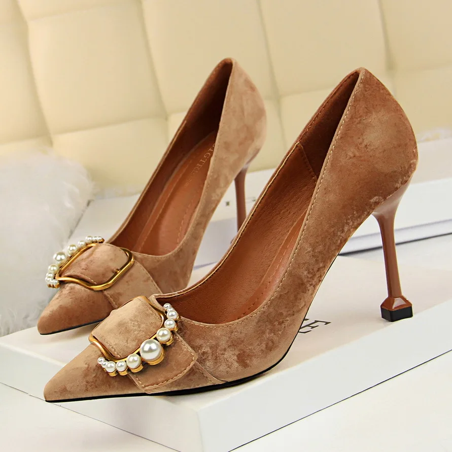 

278-2 Korean-style Fashion WOMEN'S Shoes High-Heel Suede Shallow Mouth Pointed-Slimming Metal Pearl Belt Buckle Shoes