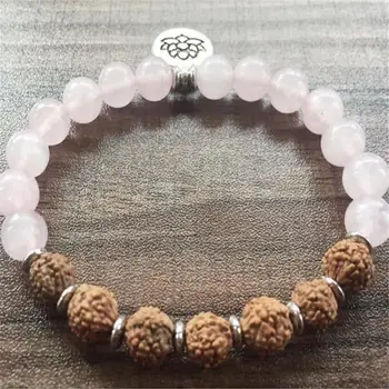 

8mm Pink crystal Gemstone Rudraksha Mala Bracelet 7.5 inches Bead Bless Sutra Reiki Men Yoga Meditation Cuff Buddhism Lucky