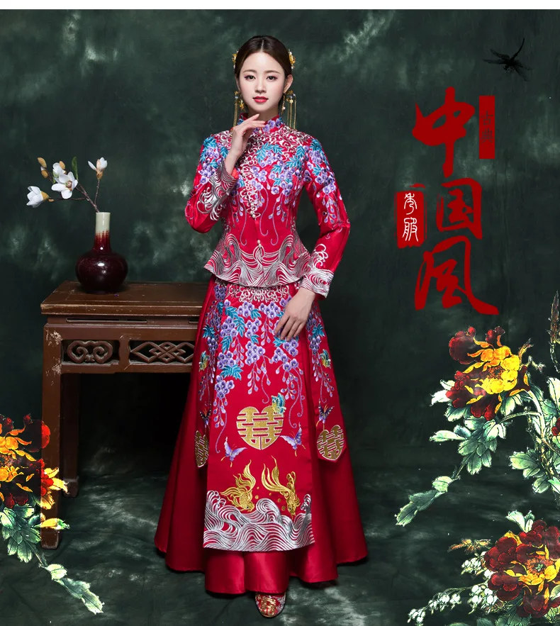 Chinese Traditional Wedding Dress Bride New Style Spring Summer Red Retro Chinese Style Marriage Slimming Dress for Toast