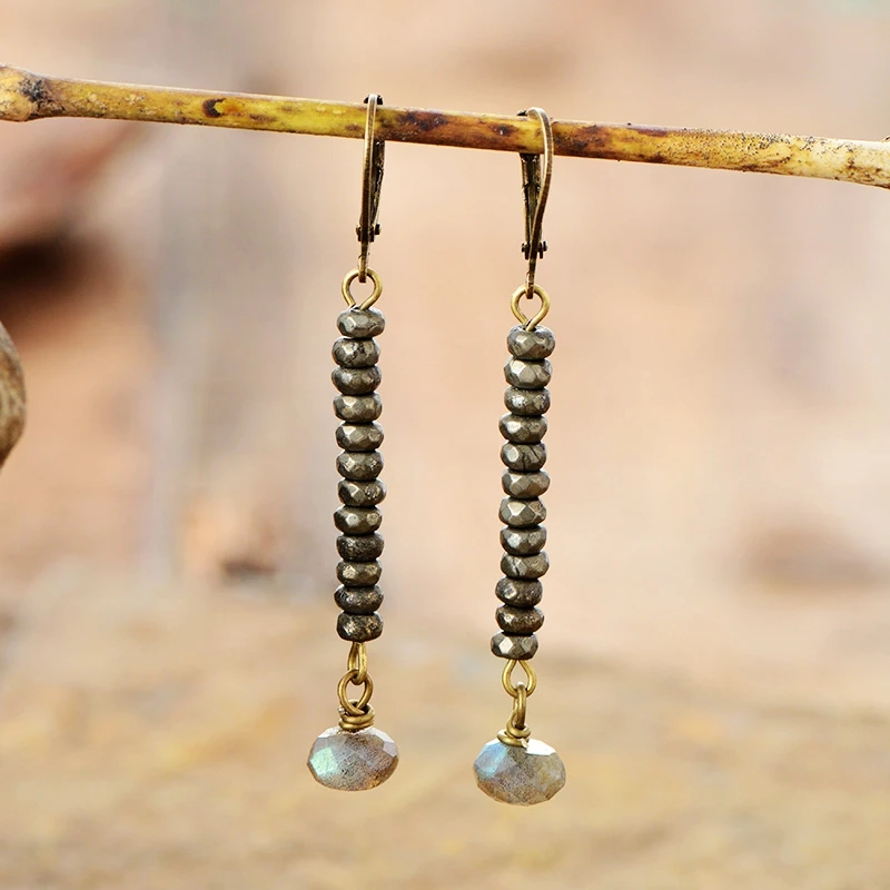 Unique Women Earrings Faceted Pyrite Labrodorite Dangle Earrings Ethnic Boho Jewelry Gifts Dropship