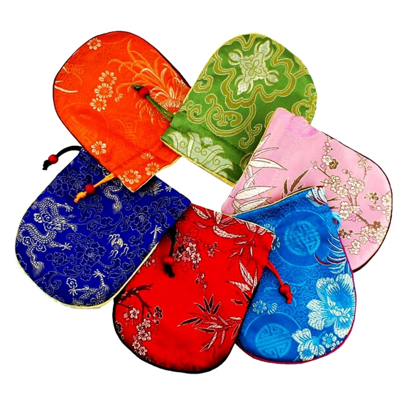 10pcs Cotton Filled Chinese Silk Brocade Jewelry Pouches Drawstring Small Gift Packaging Bag Bracelet Watch Storage Case Sachet