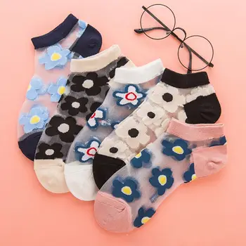 

5 Pairs Women Summer Glass Fiber Short Boat Socks Japanese Style Sweet Flower Jacquard Transparent Invisible Hosiery