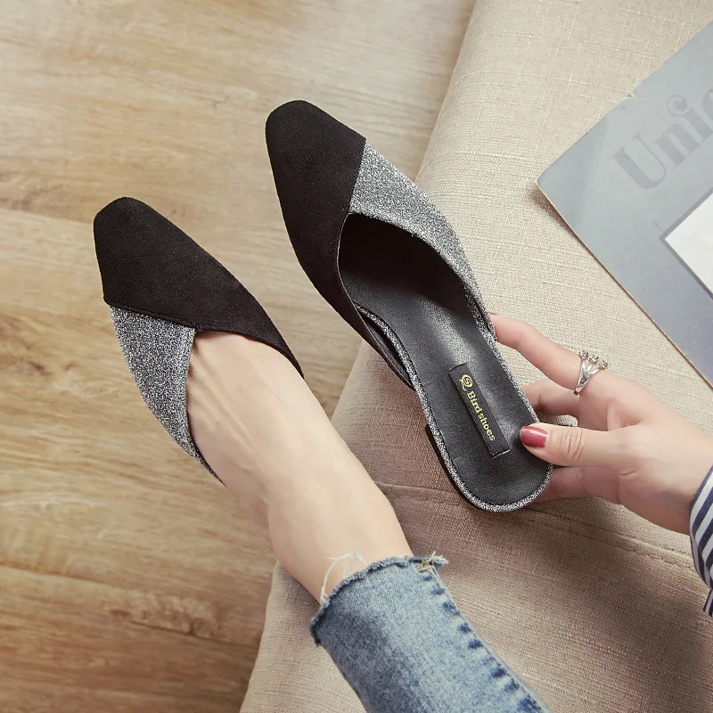 

Slipper Women's Summer Europe And America Outer Wear 2018 New Style Pointed-Toe Mixed Colors Man-made Diamond Low-Cut Low Heel C