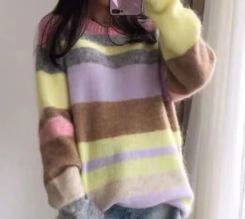 

Women Sweater 2019 Autumn and Winter Mohair Wool Striped Colorblock Pullover Long Sweater