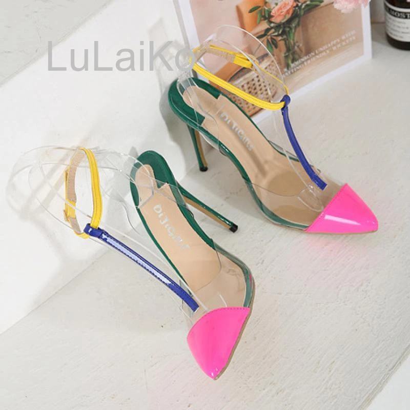 yellow box flip flops Rose Red Color Matching Transparent Pvc Pointed Toe Stiletto Heels Buckle Splicing High-Heeled Sandals 12 Cm Summer 2021 35-42 women's sandal heels
