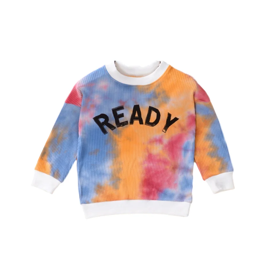 

Autumn New Color Printed Flower T-shirt Girl's Pullover Knitted Color Tie-Dye Letter Long Sleeve T-shirt