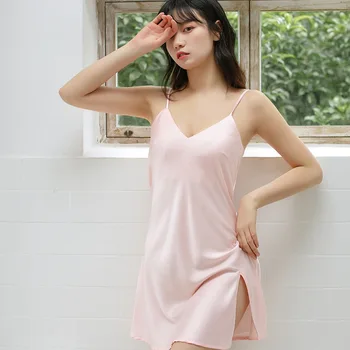 

Sexy V-neck Split Women Sleepwear Spaghetti Strap Nightdress Casual Soft Satin Nightgown Nightwear Summer Sleeveless Homewear