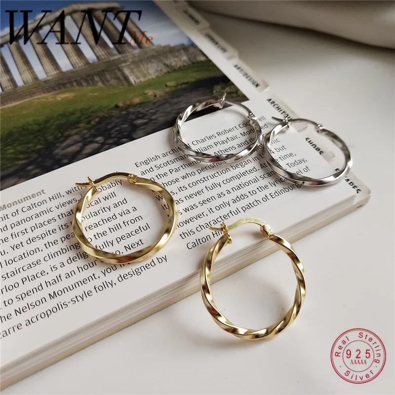 WANTME Genuine 925 Sterling Silver Minimalist Round Twist Stud Earrings for Women Punk Hip-hop Fashion Jewelry Accessories Gift