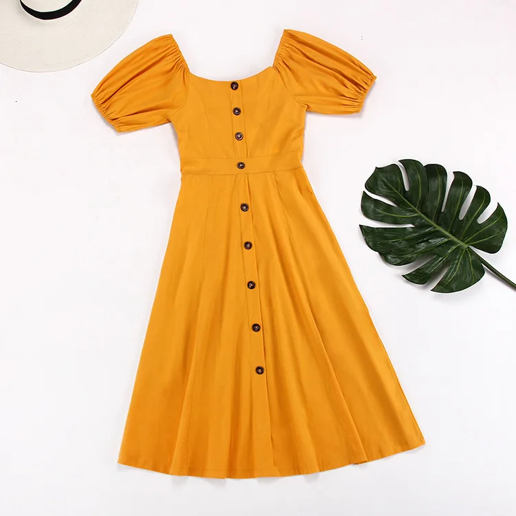 

Vintage Women Solid Dress Short Sleeve Single-breasted Summer Pleated Dress Square Collar Ladies Maxi Dress New 2019 Robe Femme
