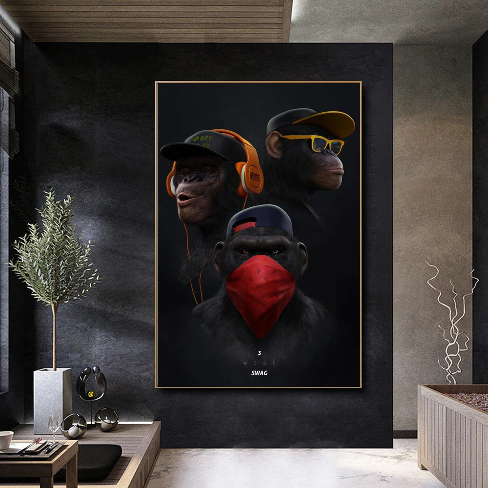 Funny Animals Chimpanzee Posters and Prints Wall Canvas Art Decor Monkey with Music Headphones Sunglasses Mask Painting | Дом и сад