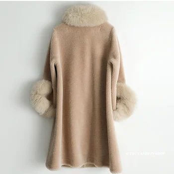 

winter 2020 women's new high quality wool fur coat fox fur collar sheep shearing cotton camel coat female long coat
