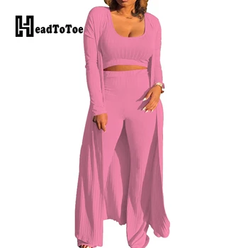 

Solid Women 3 Piece Set Sleeveless Low Cut Crop Tops & Elastic High Waist Pants & Open Front Long Coats Set