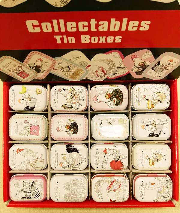 

32pcs/box Cartoon Cock design Tin Box Metal Coin Saver Small Jewerly Case Pill case 16 designs Chocolate Box