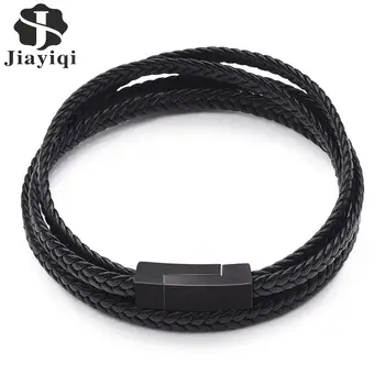 

Jiayiqi Leather Bracelets Men's Genuine Braided Woven Rope Bangles Stainless Steel Magnetic Buckle Male Fashion Jewelry Gifts